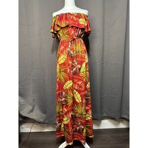 Guess Tropical Maxi Dress Off Shoulder Ruffle Red Floral Palm Size M